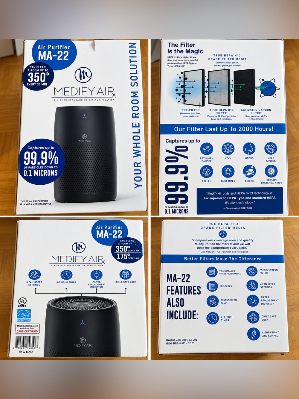 MA-22 Black Air Purifier – True HEPA H13 Filtration